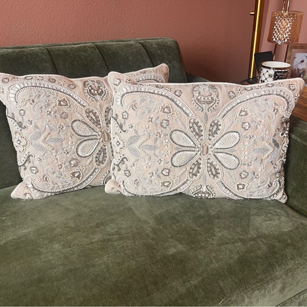 NOBLE EXCELLENCE® Two Embroidered Jeweled Tan Cream‎ & Silver Decorative Pillows